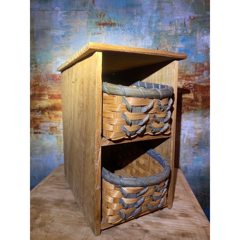 Rustic Wood 2 Tier Storage Organizer with Woven Baskets Natural Blue Grey